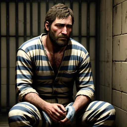 Prompt: Arthur Morgan wearing thick striped prison jumpsuit with beard sitting in prison cell