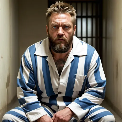 Prompt: Big boss wearing thick striped prison jumpsuit with beard and blue eyes wearing white socks in prison