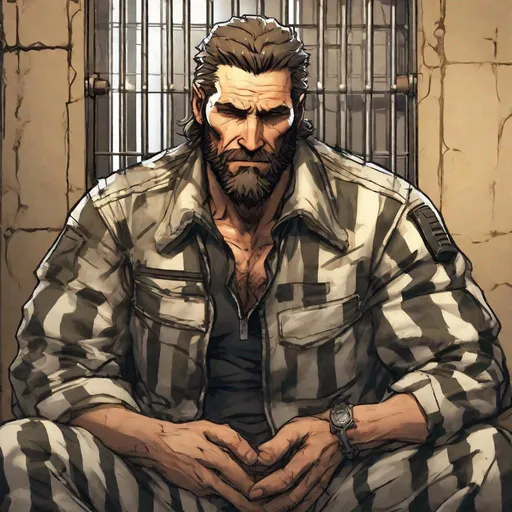 Prompt: Venom Snake wearing thick striped prison jumpsuit with beard sitting in prison cell
