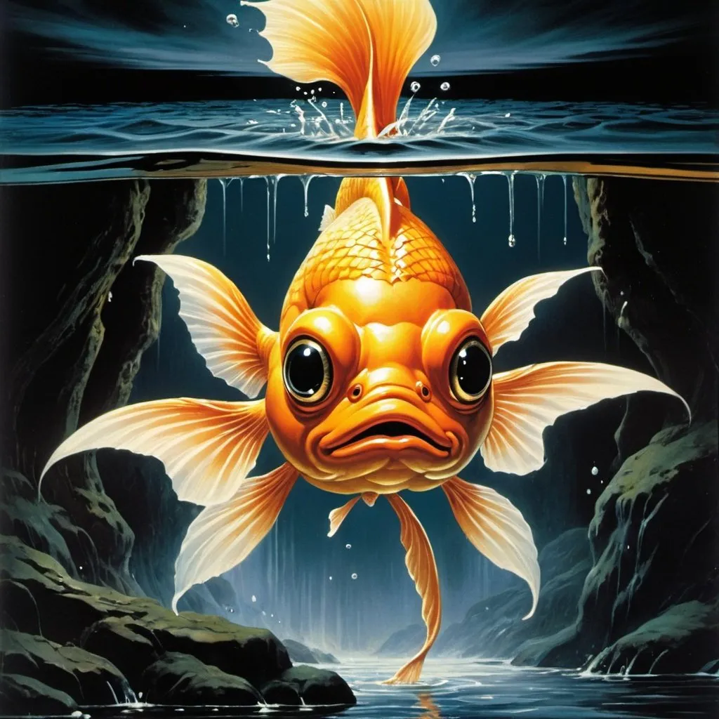 Prompt: 1970s Dark fantasy book cover, screen grab from 1983 Labrynth movie, painting art of a goldfish with huge eyes swimming in a stream with long whiskers like a catfish and large gold fins