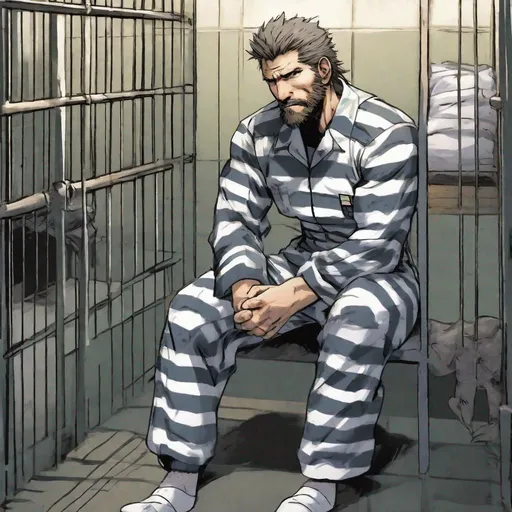 Prompt: Solid Snake wearing striped prison jumpsuit and white socks with beard in prison cell