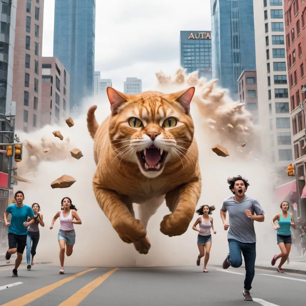 Prompt: People running away from giant cat destroying city