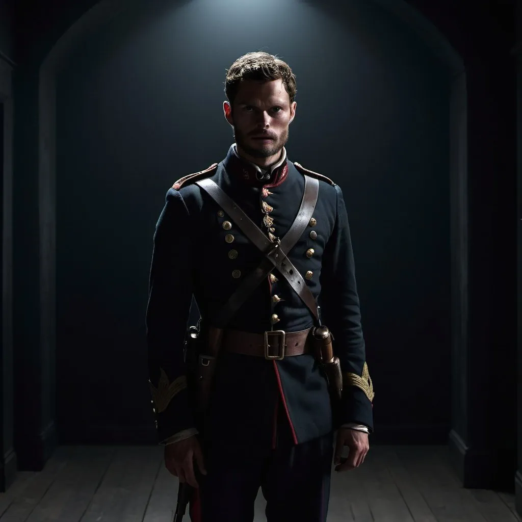 Prompt: Jamie Dornan dressed as a civil war soldier in a completely dark and black room against a solid back background, illuminated from an eerie dim light above, ghostly, surreal, full body from a distance