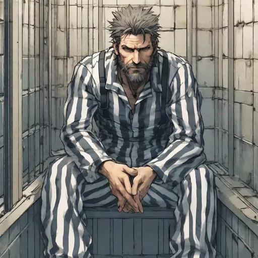 Prompt: Solid Snake wearing thick striped prison jumpsuit with beard sitting in prison cell