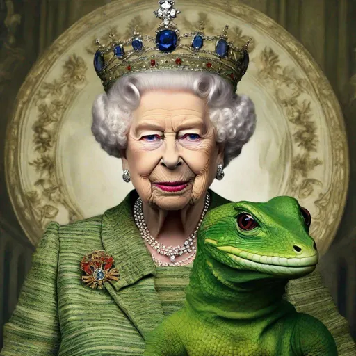 Prompt: Queen Elizabeth morphing into a lizard