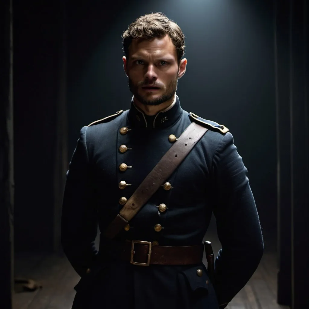 Prompt: Jamie Dornan dressed as a Union civil war soldier in a completely dark and black room against a solid back background, illuminated from an eerie dim light above, ghostly, surreal, full body from a distance