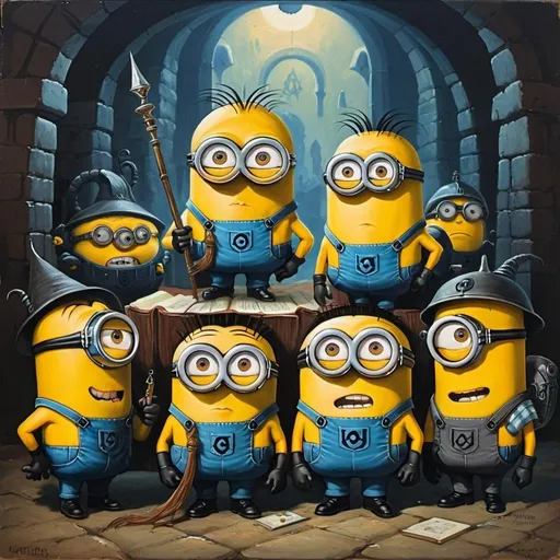 Prompt: 1970s Dark fantasy book cover painting art of despicable me minions