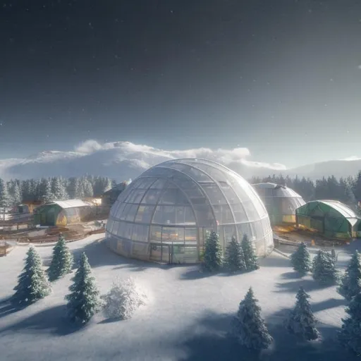 Prompt: Sci-fi biodome with farms inside surrounded by snow