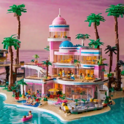 Prompt: Lego island dolphin vacation, pink sunset, lemonade, pastel colors and green palm trees, beaches, glass buildings with 60s styled mini domes, Barbie dreamland, resort