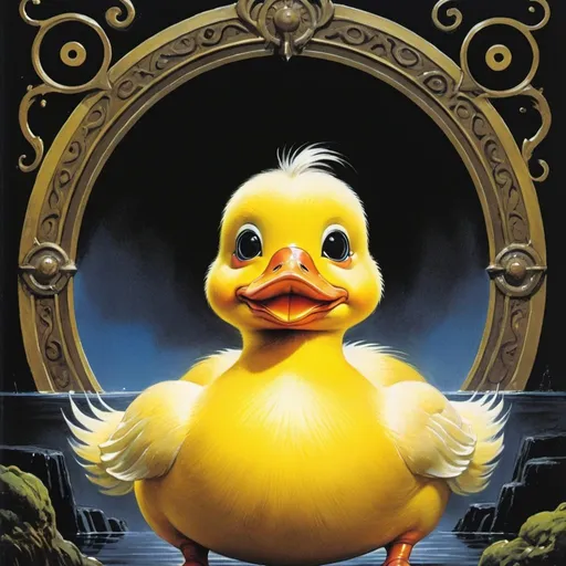 Prompt: 1970s Dark fantasy book cover, screen grab from 1983 Labrynth movie, painting art of a yellow duck with a large round head and a yellow beak and weird eyes clutching its head, staring into your soul, a little sprout of black hair on its head