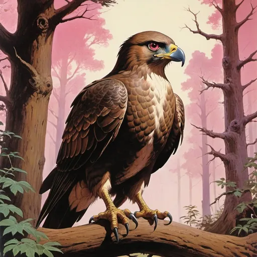 Prompt: 1970s Dark fantasy book cover, screen grab from 1983 Labrynth movie, painting art of a brown, hawk like creature, with pink beak and stout and round body, eagle eyes, short beak like a finch, sitting in tree in forest, Pidgey Pokémon, tan and brown feathers