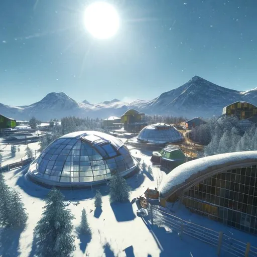Prompt: Sci-fi biodome with farms inside surrounded by snow