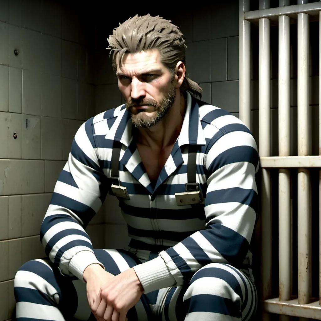 Prompt: Solid Snake wearing striped prison jumpsuit and white socks with beard in prison cell