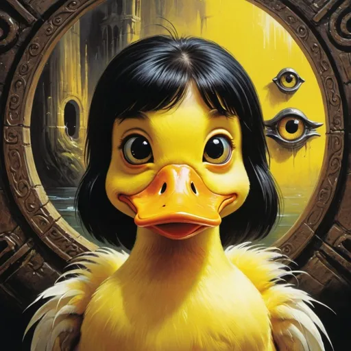 Prompt: 1970s Dark fantasy book cover, screen grab from 1983 Labrynth movie, painting art of a yellow duck with a large round head and a yellow beak and weird eyes clutching its head, staring into your soul, a little sprout of black hair on its head