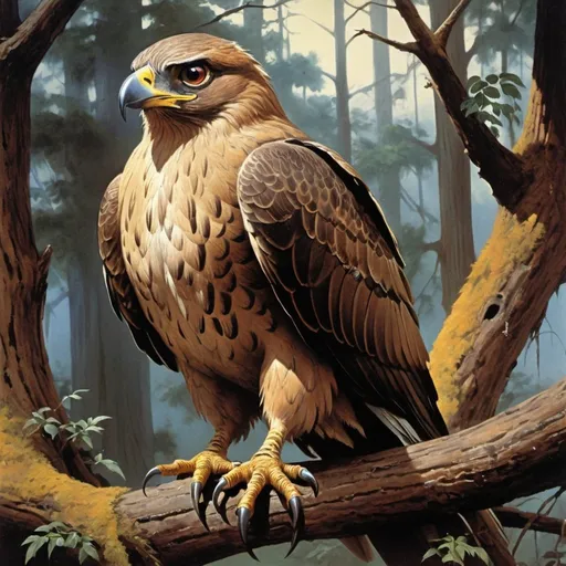 Prompt: 1970s Dark fantasy book cover, screen grab from 1983 Labrynth movie, painting art of a brown, hawk like creature, with finch beak and stout and round body, eagle eyes, short beak like a finch, sitting in tree in forest, Pidgey Pokémon, tan and brown feathers