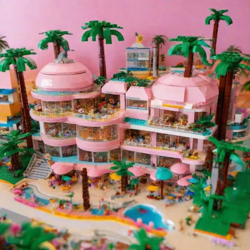 Prompt: Lego island dolphin vacation, pink sunset, lemonade, pastel colors and green palm trees, beaches, glass buildings with 60s styled mini domes, Barbie dreamland