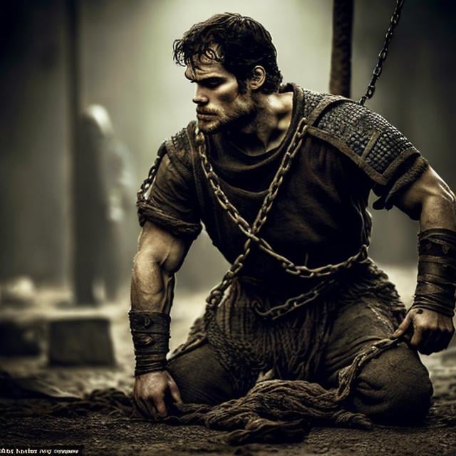 Prompt: Henry Cavill medieval prisoner in chains, iron ball instead of right hand, ragged clothing, barefoot, dungeon setting, scruffy beard, concept art, high resolution, detailed, medieval, dark and gritty, textured, atmospheric lighting