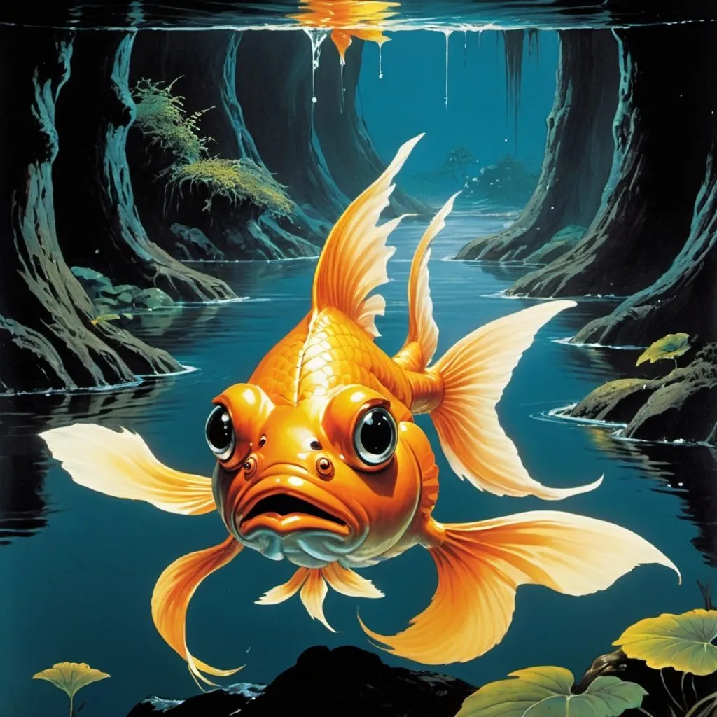 Prompt: 1970s Dark fantasy book cover, screen grab from 1983 Labrynth movie, painting art of a goldfish with huge eyes swimming in a stream with long whiskers like a catfish and large gold fins