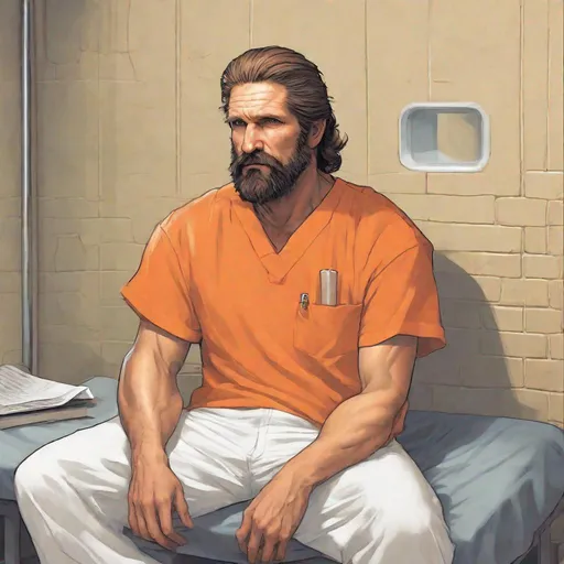 Prompt: Snake solid wearing white t-shirt and orange prison scrubs sitting in prison cell with beard