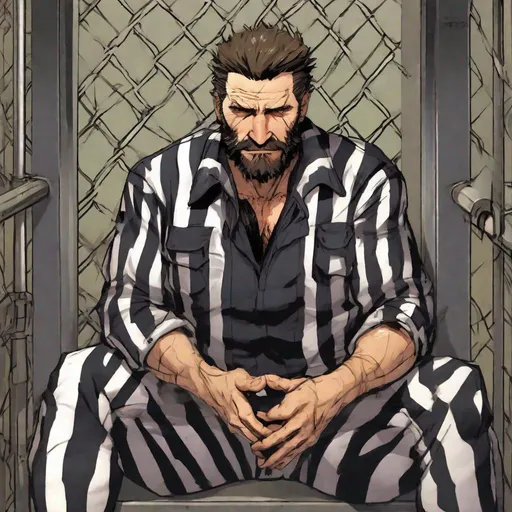 Prompt: Venom Snake wearing thick striped prison jumpsuit with beard sitting in prison cell