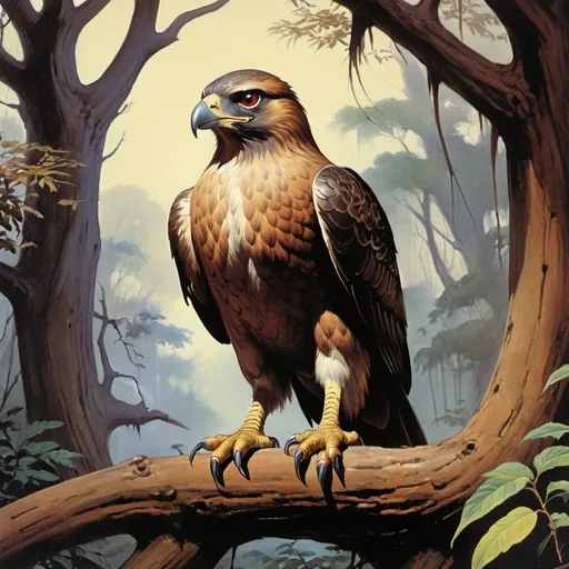 Prompt: 1970s Dark fantasy book cover, screen grab from 1983 Labrynth movie, painting art of a brown, hawk like creature, with finch beak and stout and round body, eagle eyes, short beak like a finch, sitting in tree in forest, Pidgey Pokémon, tan and brown feathers