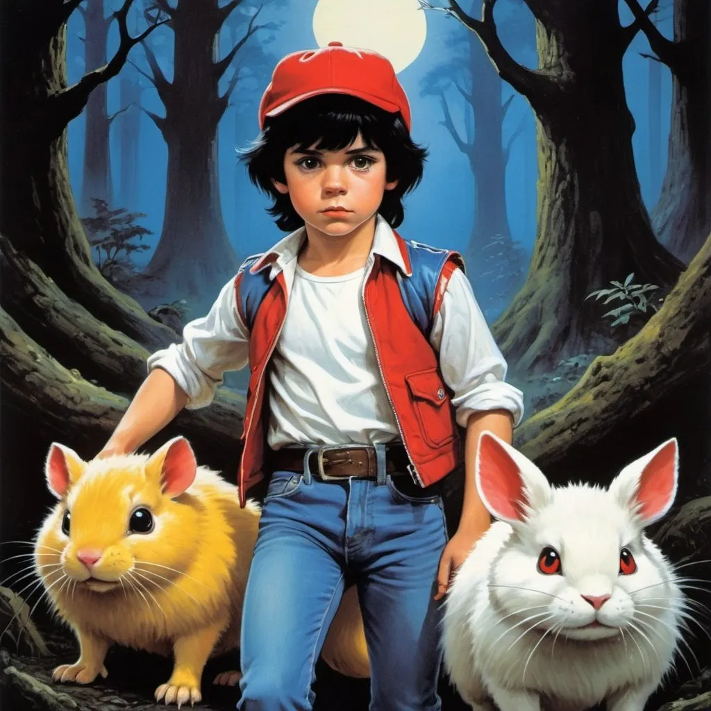 Prompt: 1970s Dark fantasy book cover, screen grab from 1983 Labrynth movie, painting art of a young boy with black hair and a red cap on backwards and blue jeans and red sneakers and a white shirt and a blue vest carrying a small red and white pokéball next to a rodent like chubby furry yellow creature with red cheeks and long ears and four legs in a creepy dark forest