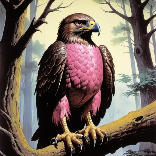 Prompt: 1970s Dark fantasy book cover, screen grab from 1983 Labrynth movie, painting art of a brown, hawk like creature, with pink beak and stout and round body, eagle eyes, short beak like a finch, sitting in tree in forest