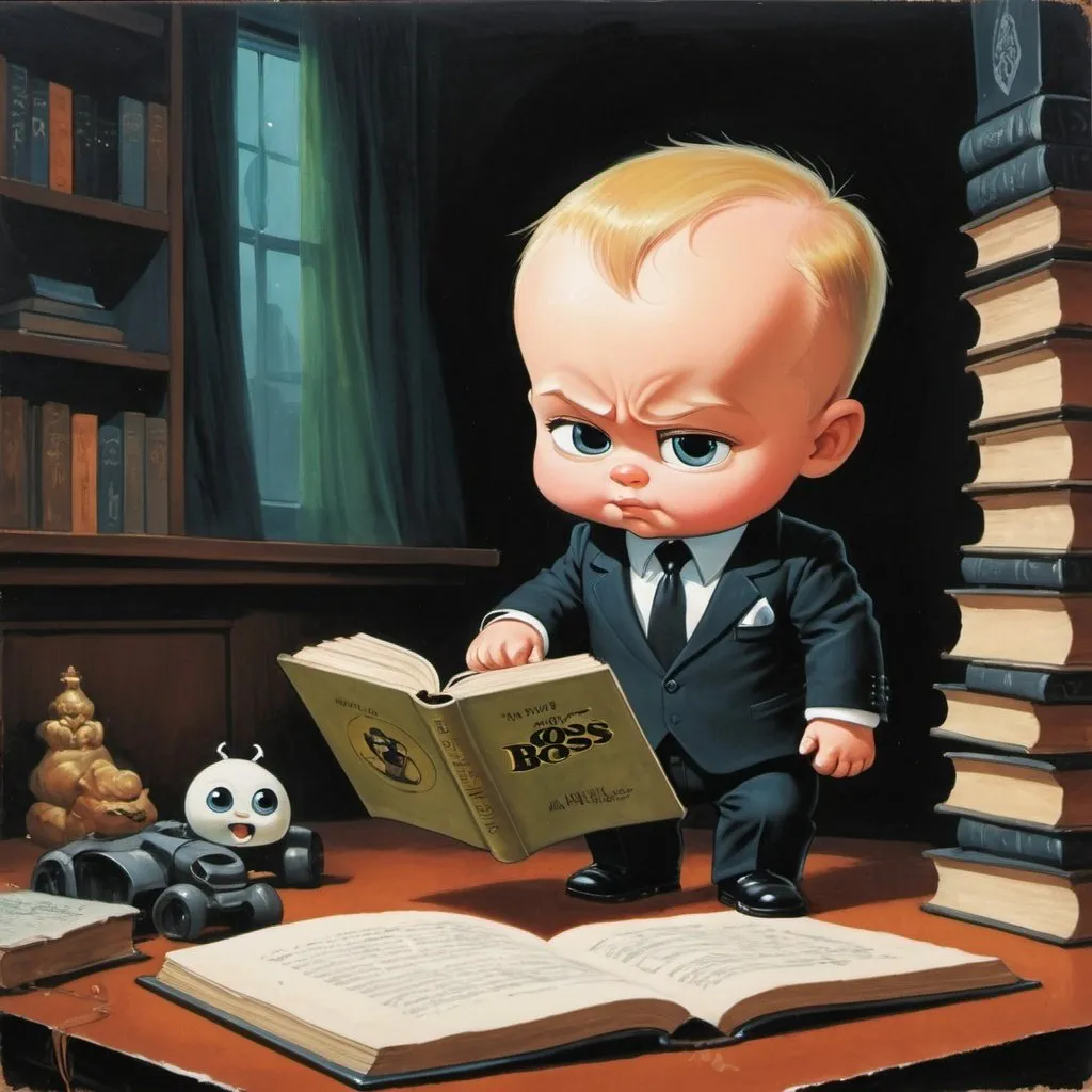 Prompt: 1970s Dark fantasy book cover painting art of the boss baby