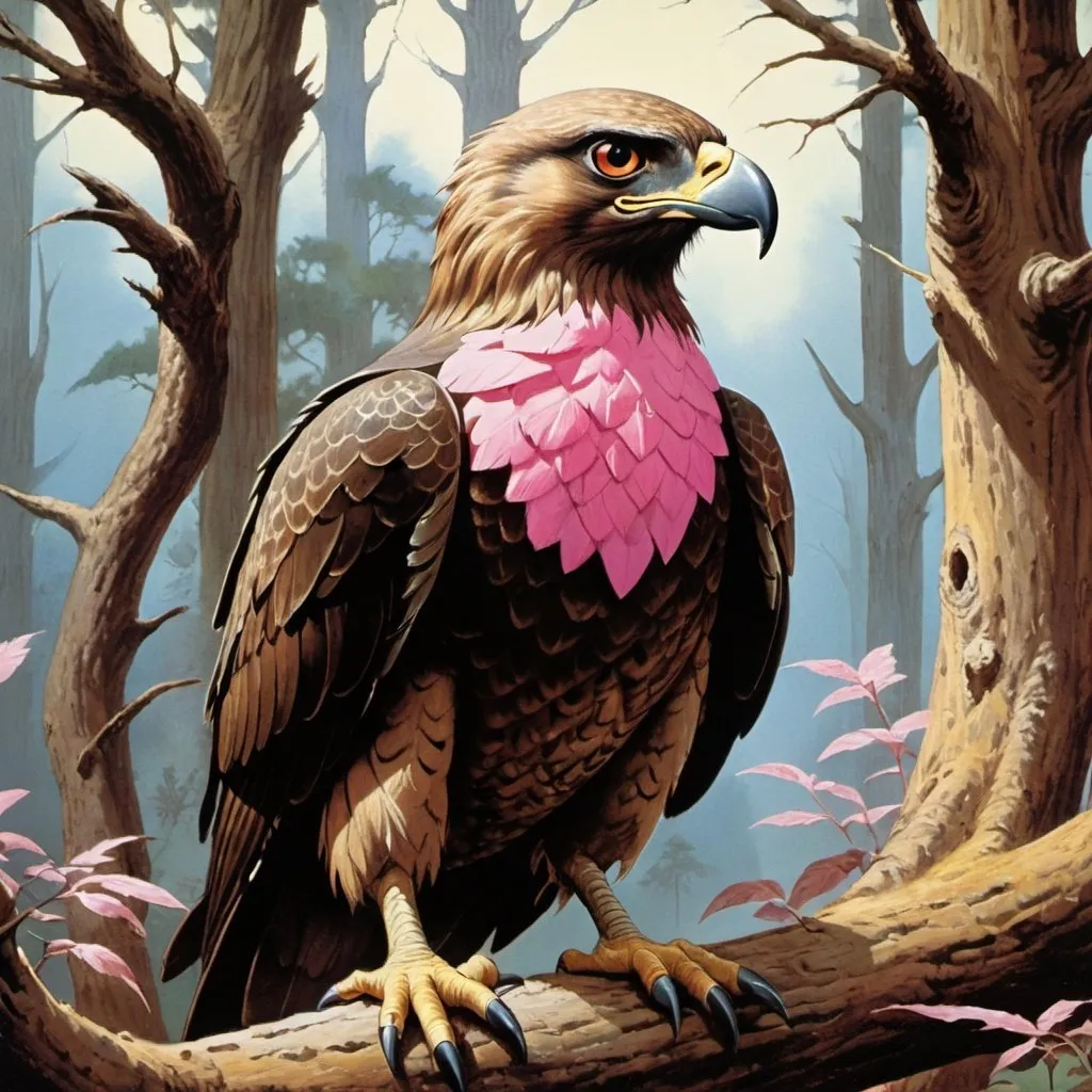 Prompt: 1970s Dark fantasy book cover, screen grab from 1983 Labrynth movie, painting art of a brown, hawk like creature, with pink beak and stout and round body, eagle eyes, short beak like a finch, sitting in tree in forest, Pidgey Pokémon, tan and brown feathers