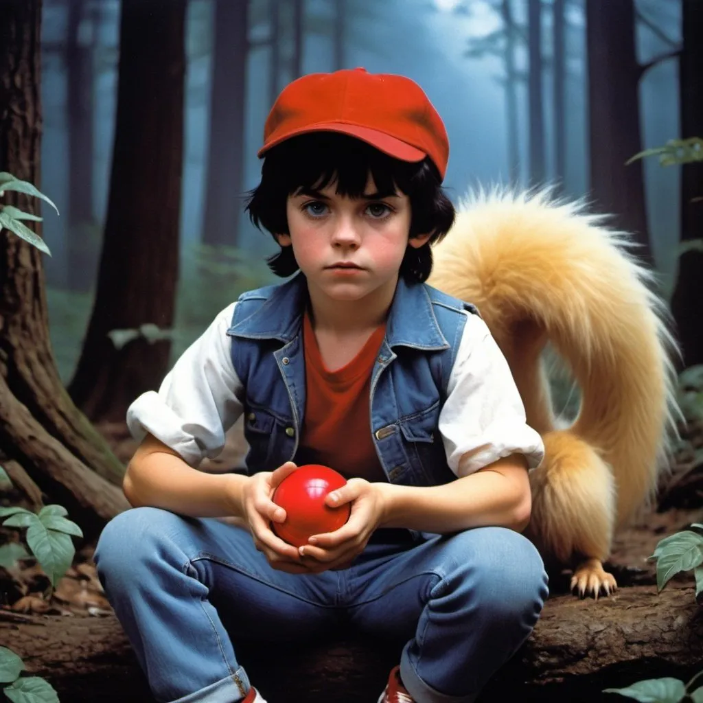 Prompt: 1970s Dark fantasy book cover, screen grab from 1983 Labrynth movie, painting art of a young boy with black hair and a red cap on backwards and blue jeans and red sneakers and a white shirt and a blue vest carrying a small red and white pokéball next to a rodent like chubby furry yellow creature with red cheeks and long ears and four legs in a creepy dark forest