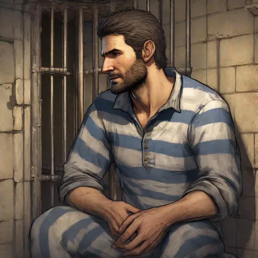 Prompt: Nathan Drake wearing thick striped prison jumpsuit with beard sitting in prison cell
