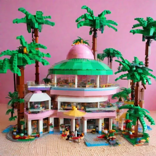 Prompt: Lego island dolphin vacation, pink sunset, lemonade, pastel colors and green palm trees, beaches, glass buildings with 60s styled mini domes, Barbie dreamland, resort