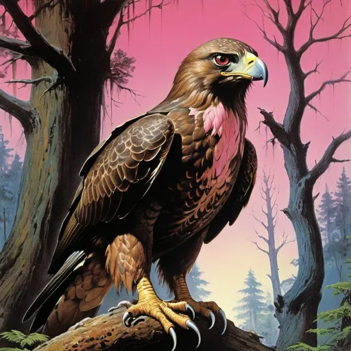 Prompt: 1970s Dark fantasy book cover, screen grab from 1983 Labrynth movie, painting art of a brown, hawk like creature, with pink beak and stout and round body, eagle eyes, short beak like a finch, sitting in tree in forest