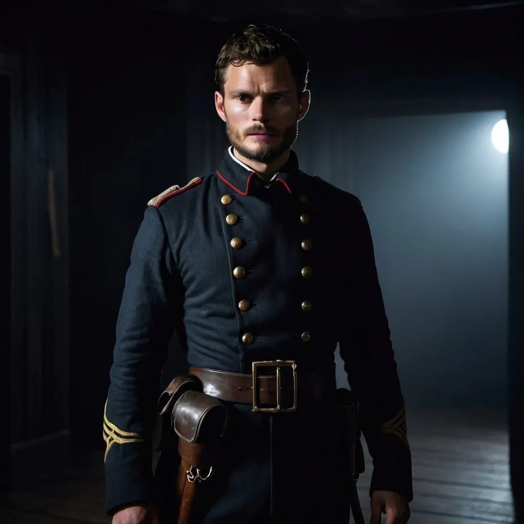 Prompt: Jamie Dornan standing far away in the distance, dressed as a Union civil war soldier in a completely dark and black room against a solid back background, illuminated from an eerie dim light above, ghostly, surreal, full body from a distance, cinematic