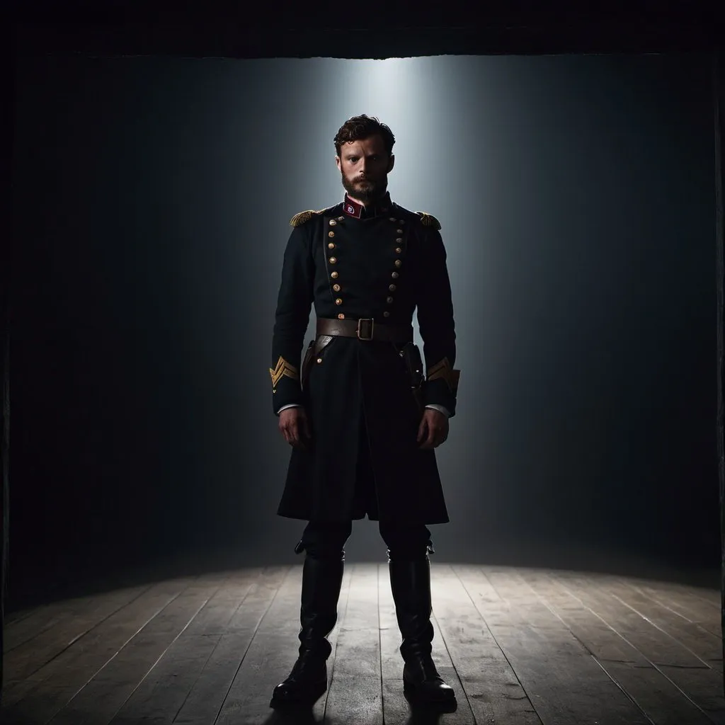 Prompt: Jamie Dornan standing far away in the distance, dressed as a Union civil war soldier in a completely dark and black room against a solid back background, illuminated from an eerie dim light above, ghostly, surreal, full body from a distance, cinematic