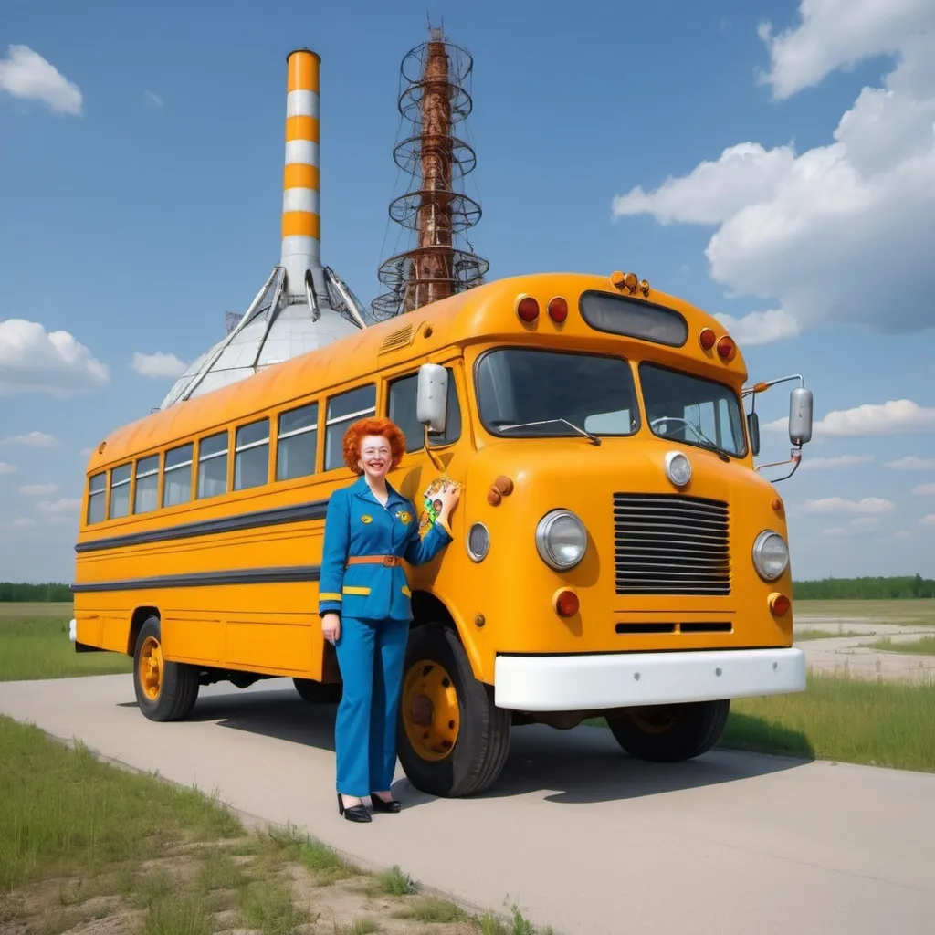 Prompt: Miss Frizzle and the magic school bus visits Chernobyl 