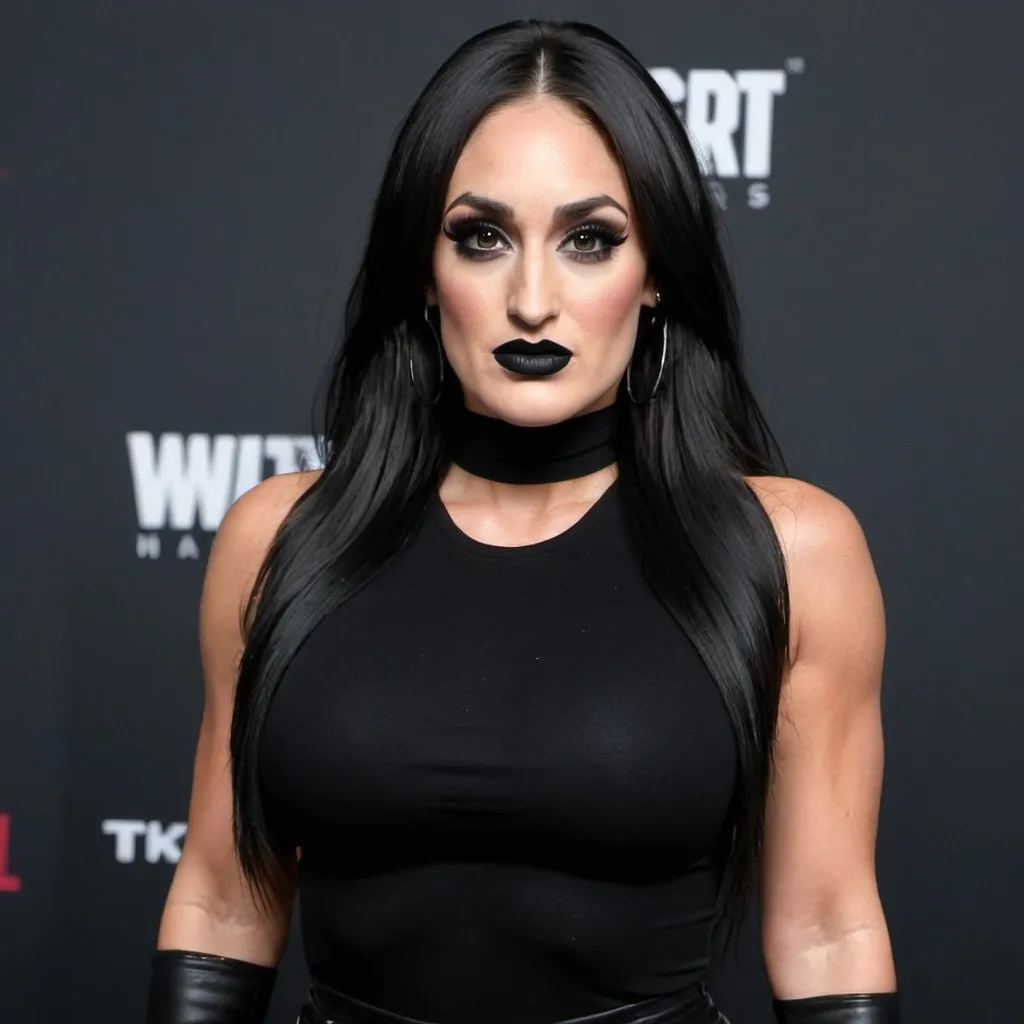 Prompt: Nikki Bella the wrestler wearing all black clothes, all black makeup, and black lipstick