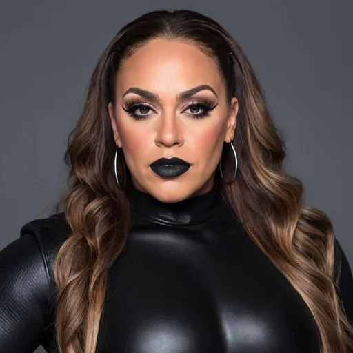 Prompt: Nia jax wearing all black clothes, al black, makeup, and all black lipstick