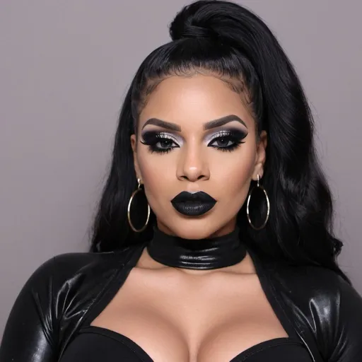 Prompt: Bianca belaire wearing all black clothes, black makeup, and black lip stick on and a seriouse face