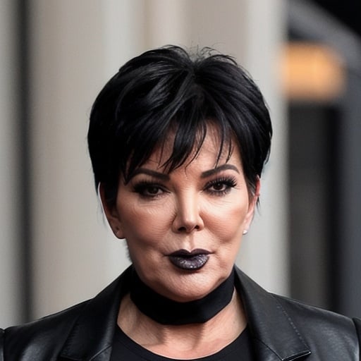 Prompt: Kris jenner fat wearing all black clothes, black lipstick, and black makeup and chewing bubble gum