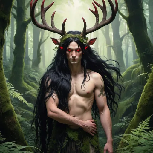 Prompt: Pan the god, with stag horns, long black hair, red glowing eyes, embracing a nymph by the waist, moss covered forest, ferns on the ground