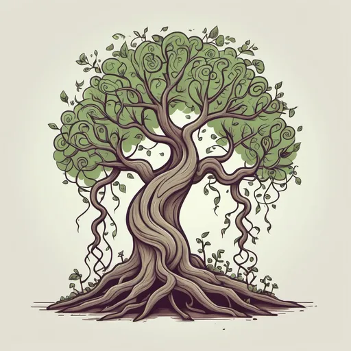 Prompt: A tree created in a doodle style, 2d flat illustration. Then a vine grows over a tree in a doodle style and squeezes the tree and vine triumphs over a dead tree