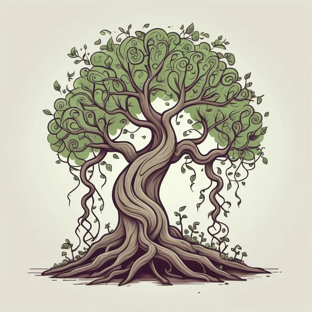 Prompt: A tree created in a doodle style, 2d flat illustration. Then a vine grows over a tree in a doodle style and squeezes the tree and vine triumphs over a dead tree