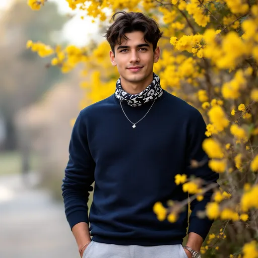 Prompt: Standing confidently against a vibrant backdrop of blooming yellow flowers, a young man showcases a modern style, dressed in a navy blue sweater and light gray joggers that taper at the ankles. His dark hair is neatly styled, and he wears a patterned black and white scarf draped casually around his neck. With a slight smile and relaxed posture, he draws attention to his accessories, including a necklace and a wristband. The scene is set in a serene outdoor environment, bathed in soft, natural light, which adds a sense of calm and warmth to the overall composition, enhancing the cheerful and youthful vibe he exudes.