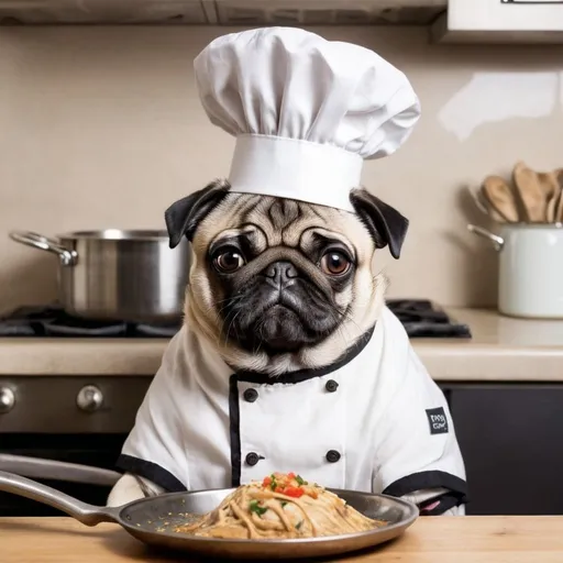 Prompt: An anthropomorphic pug in a chefs hat cooking a cat