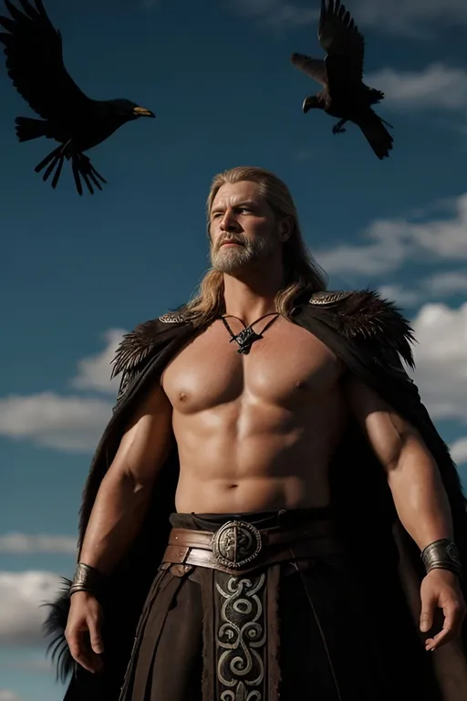 Prompt: Photorealistic depiction of Odin from Norse mythology, the all-father, viking, forward facing, standing pose with arms outstretched, two crows landing in each hand, realistic textures, detailed facial features, lifelike rendering, detailed facial features, historical, mythological, detailed feathers, realistic lighting, photorealism style, Norse mythology, detailed pose, intricate details, high quality, lifelike, historical theme, subdued and natural tones, realistic shadows, no wings