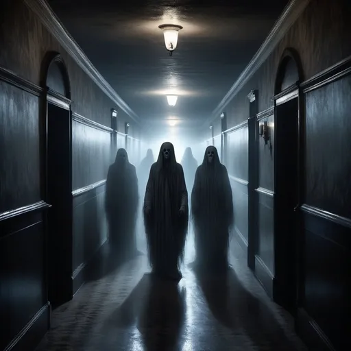 Prompt: A long scary hallway with various types of ghostly spirits and deathly looking people, eerie and dim lighting, misty atmosphere, macabre style, spooky decor, eerie and unsettling ambiance, detailed and ghostly figures, high quality, mist-filled, dark tones, macabre, detailed ghosts, eerie lighting