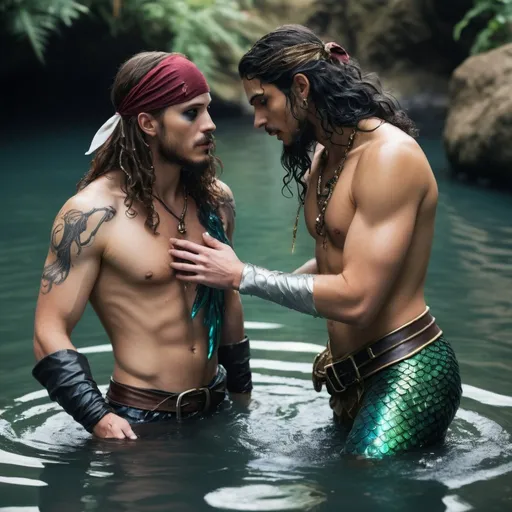 Prompt: A pirate reaching toward the water as a male merman reaches back, standing in waste deep water,  both looking forward to a loving embrace, homoerotic vibes 