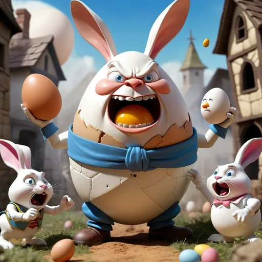 Prompt: An epic battle scene between (humpty dumpty, an egg man) and the Easter bunny, fight scene, fantasy style, action poses, detailed background and texture 