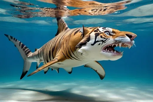 Prompt: A hybrid animal that has the head of a tiger and the body of a shark, it is swimming underwater